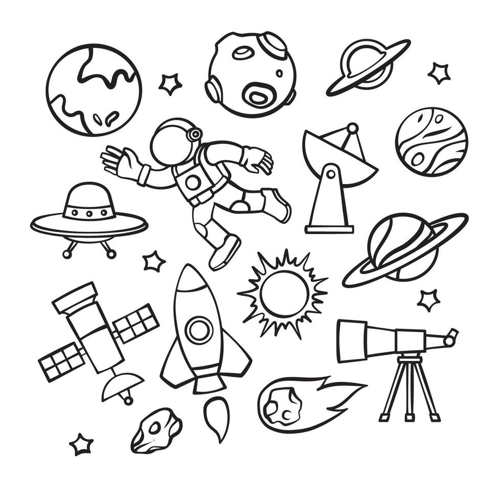 set of cute outline line hand drawn illustration of space exploration astronomy astronaut planet exploration with spaceship vector