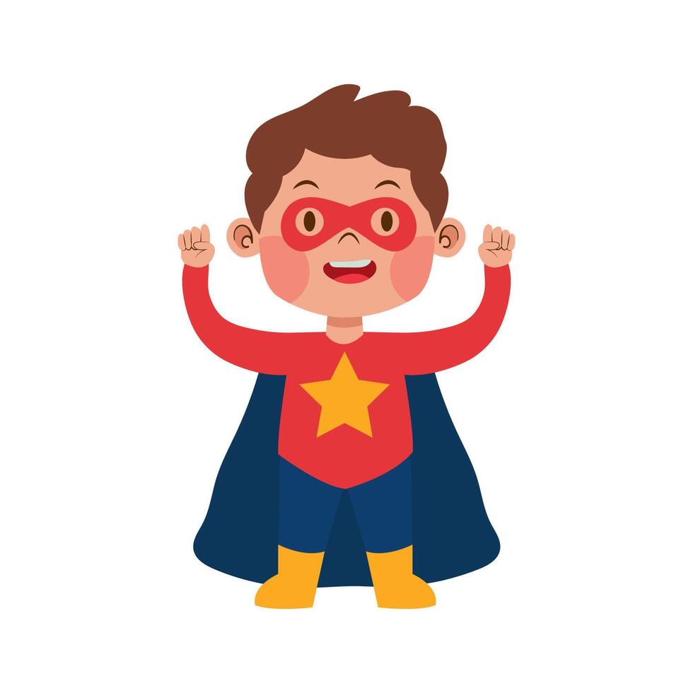 Boy smile wear superhero costume with mask and cape for flying imagination cute illustration vector