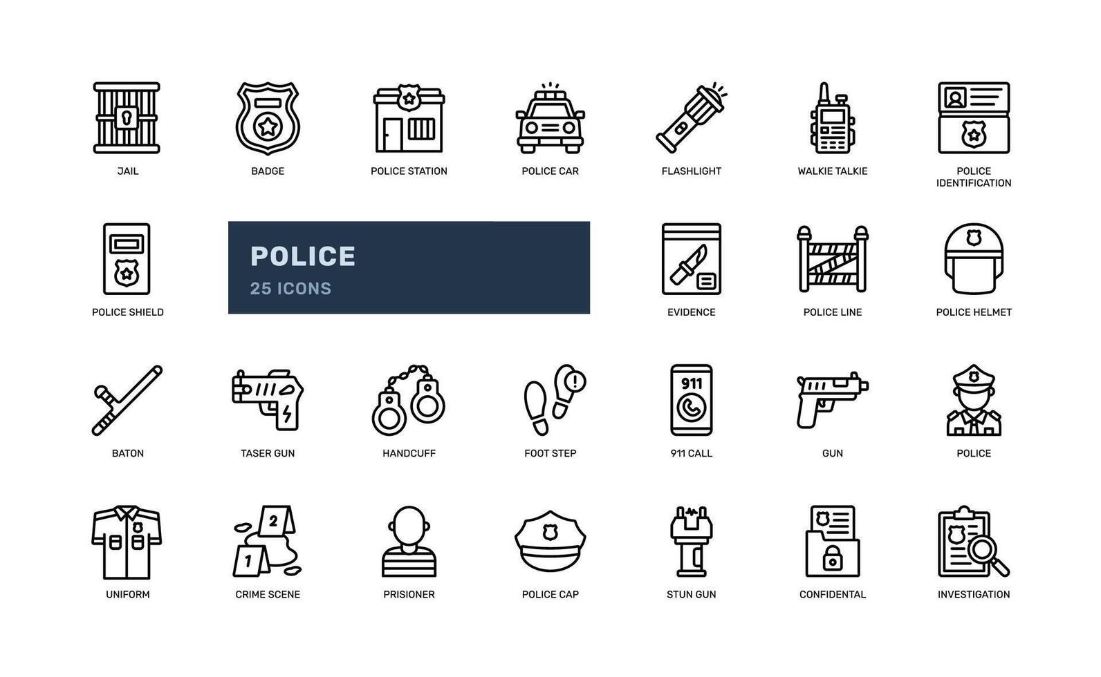 police cop justice enforcement security detailed outline line icon set vector