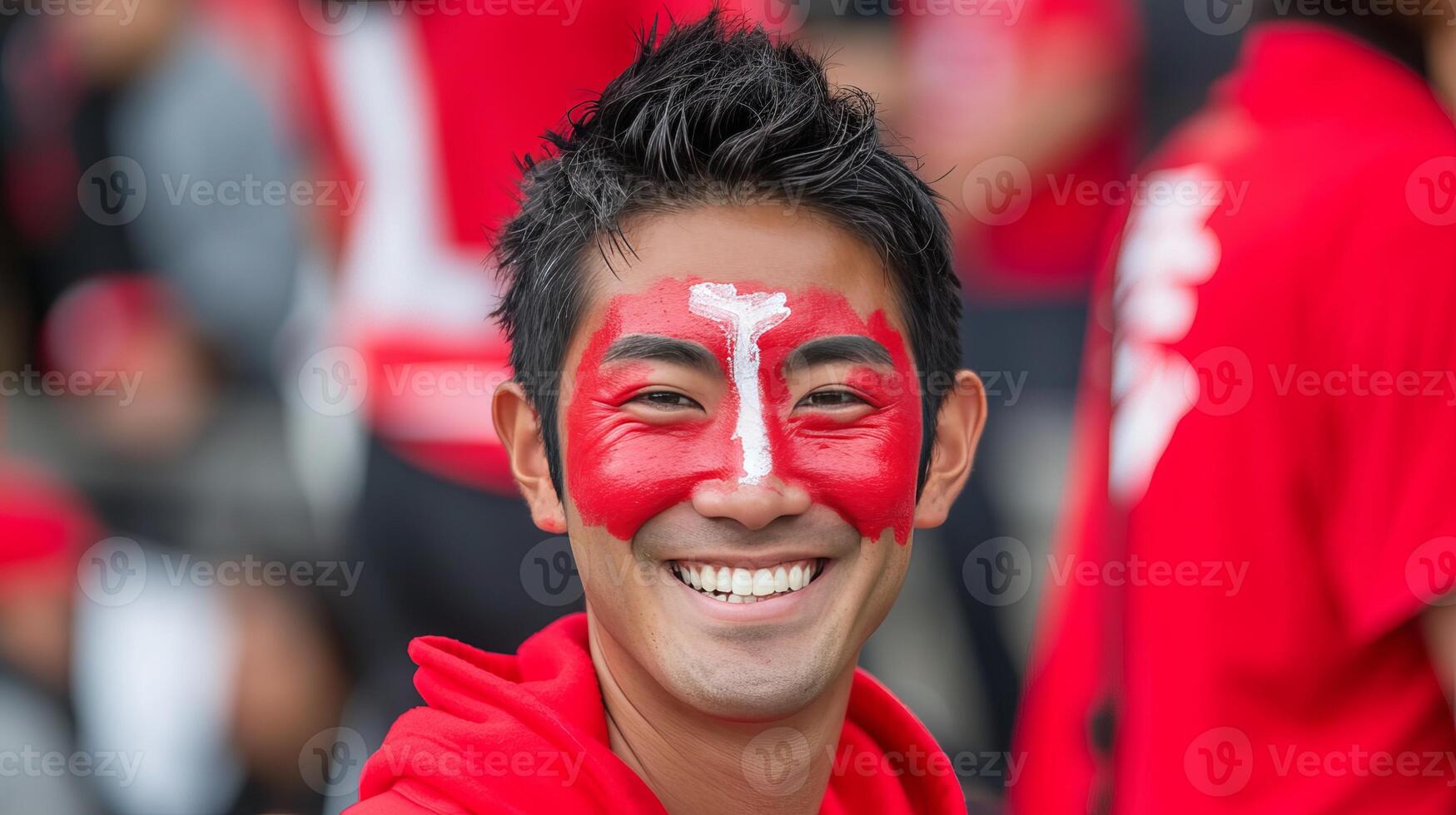 AI generated Energetic japan fan with flag painted face, cheering at sports event with blurry stadium background photo