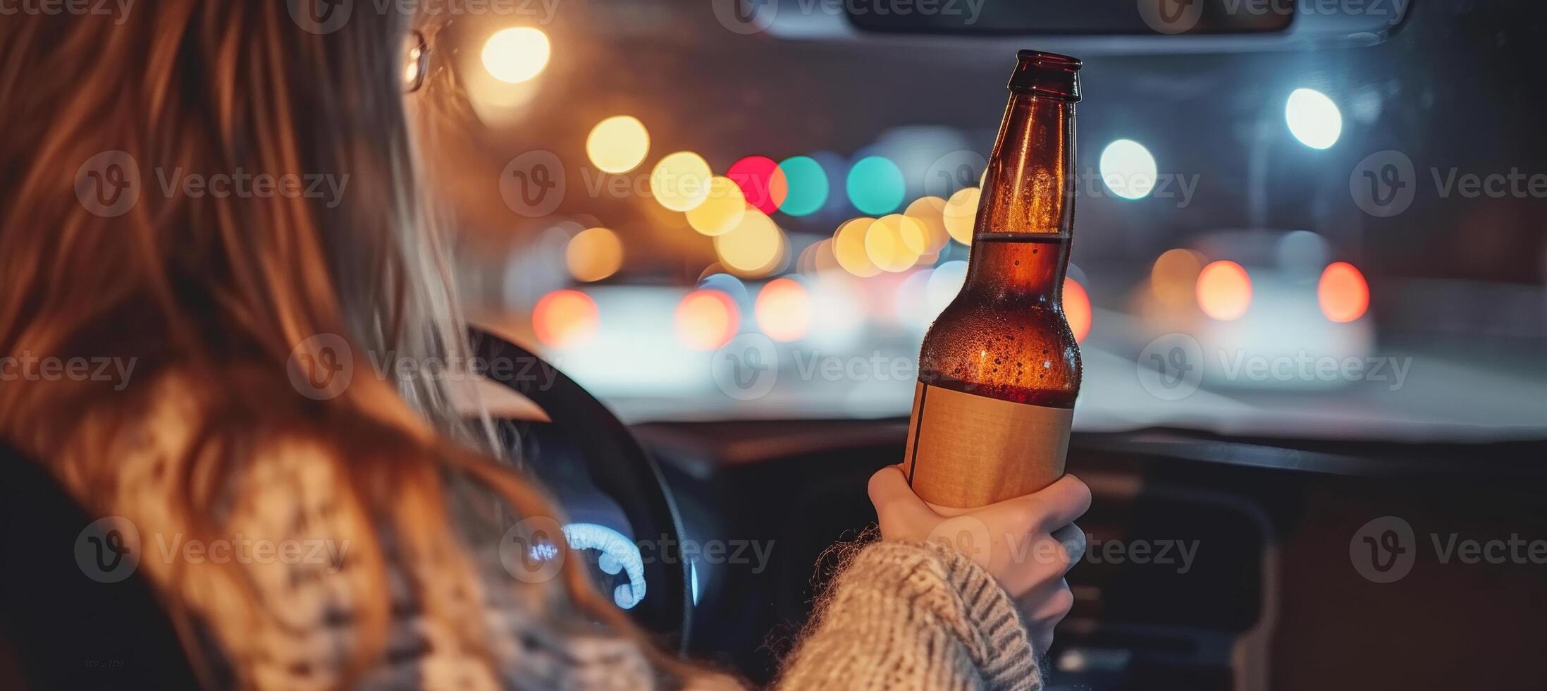 AI generated Drunk driving concept with woman holding beer bottle while driving, space for text placement photo
