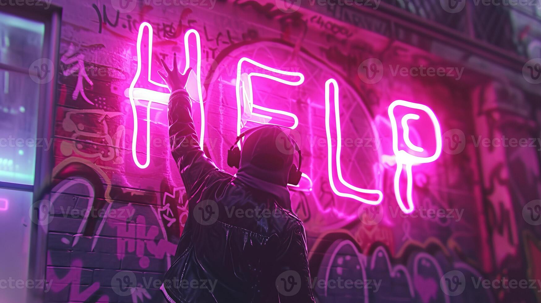 AI generated Futuristic holographic  help  text icon shining in the air, creating an engaging visual concept. photo