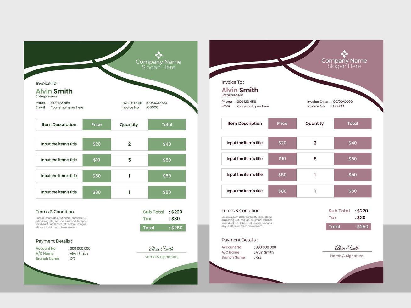 Exclusive Invoice Design with two color combination vector