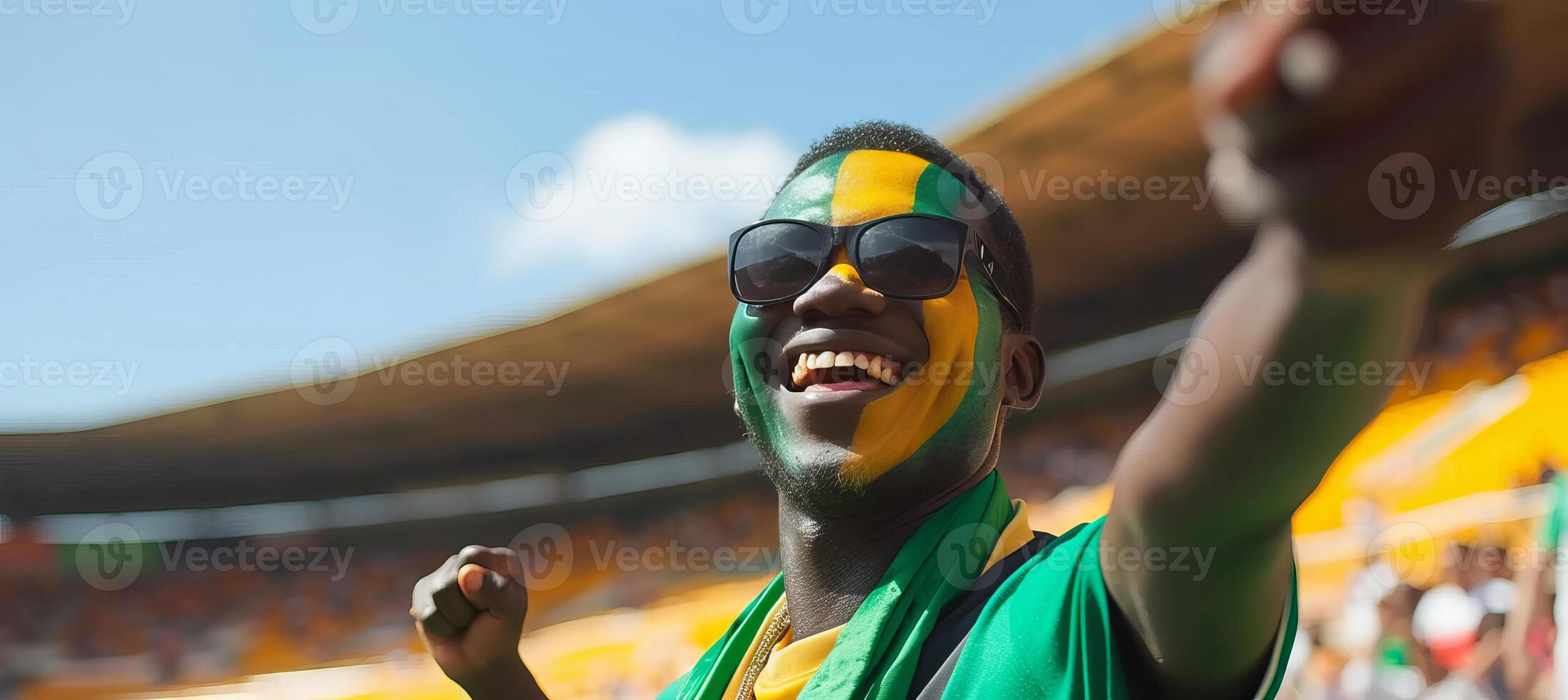 AI generated Excited male mexican fan with face paint at sports event, blurred stadium background with copy space photo