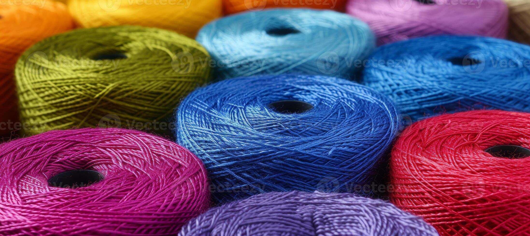 AI generated Colorful cotton threads on tailor fabric background with vibrant sewing threads of all colors photo