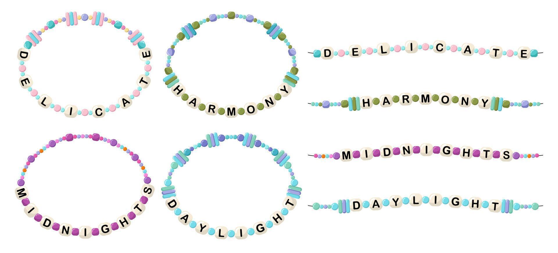 Bracelets with words delicate, harmony, midnight, daylight vector
