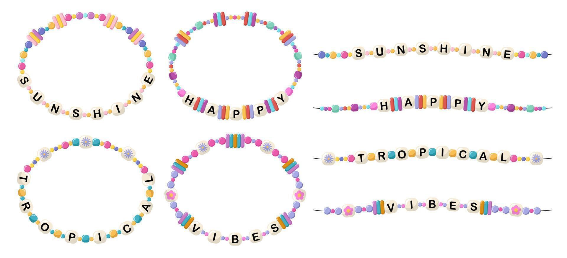 Bracelets with words sunshine, happy, tropical, vibes vector