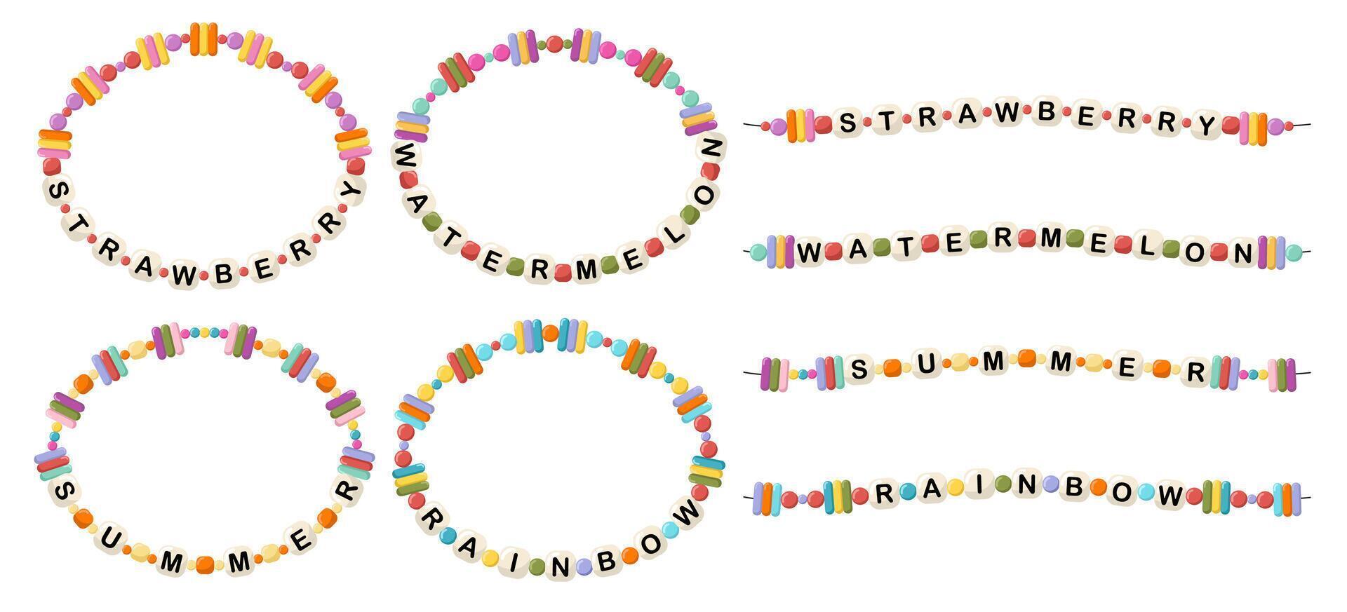 Bracelets with words strawberry, watermelon, summer, rainbow vector