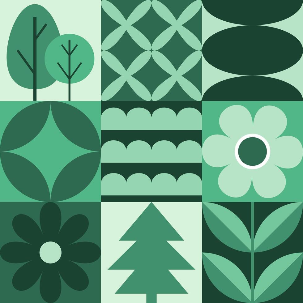 Modern geometric banner. Trees, flowers and leaves in flat minimalist style. vector
