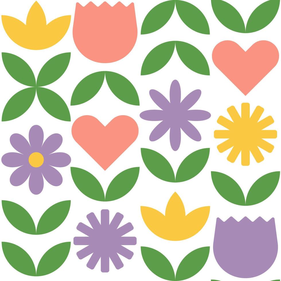 Colorful floral pattern. Flowers and leaves in flat minimalist style. vector