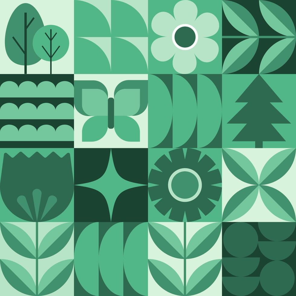 Geometric background. Flowers, leaves and butterfly in flat minimalist style. vector