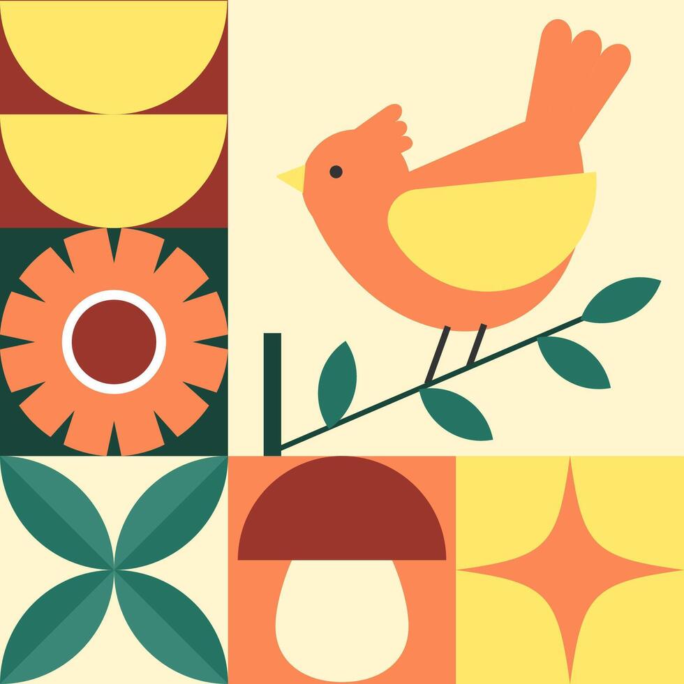 Modern geometric banner. Bird, flowers and leaves in flat minimalist style. vector