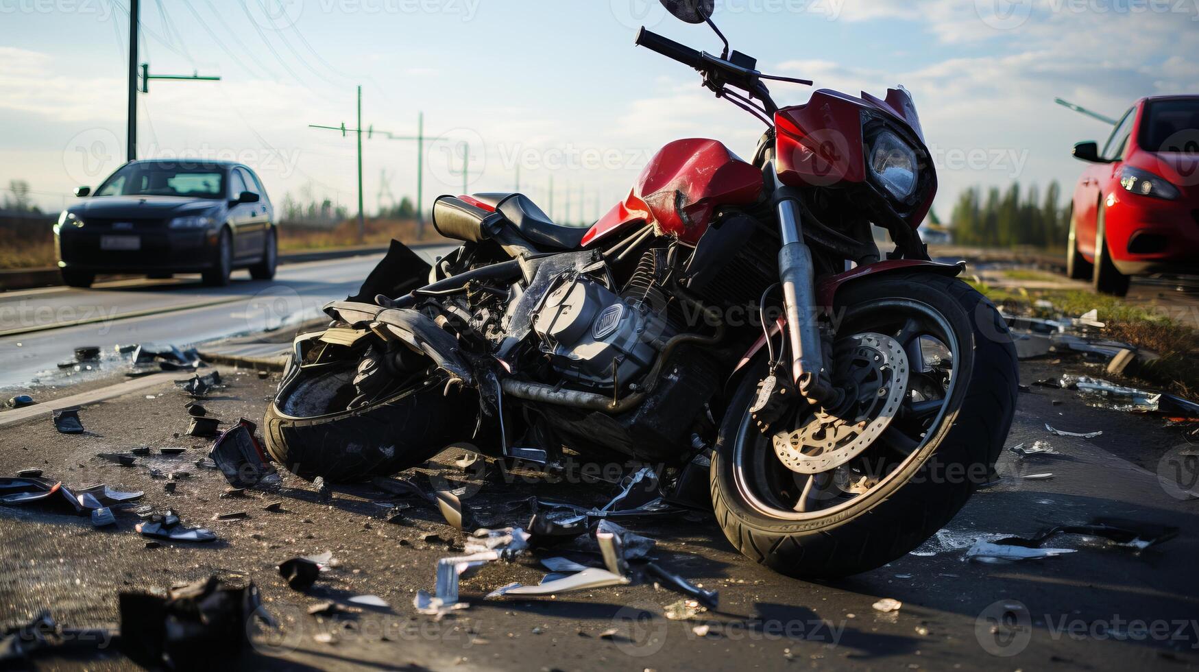 AI generated Close up of motorcycle accident on the road with injured rider and damaged vehicle in daylight photo