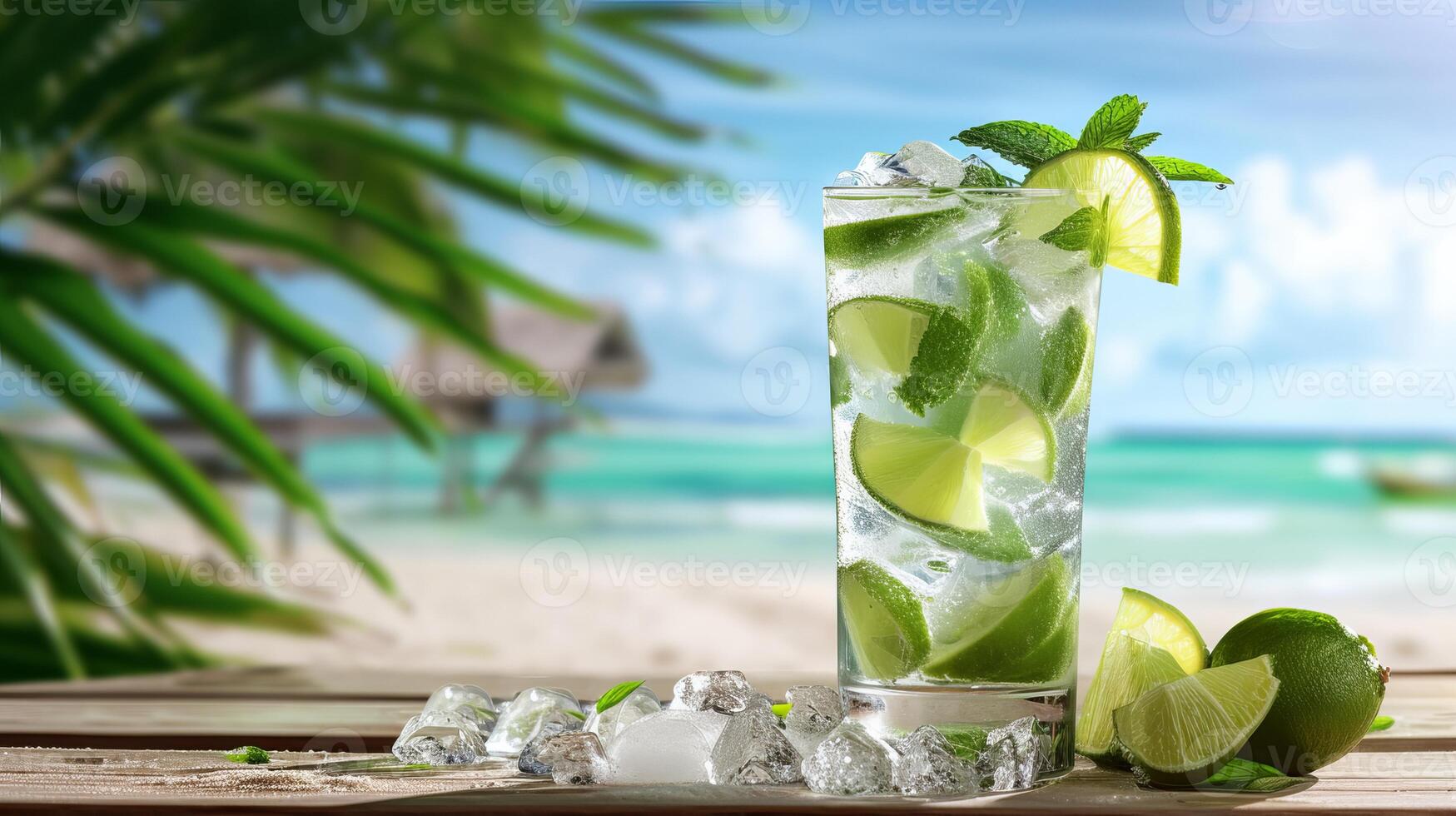 AI generated Refreshing mojito cocktail in tropical setting with blurred beach background and copy space for text photo