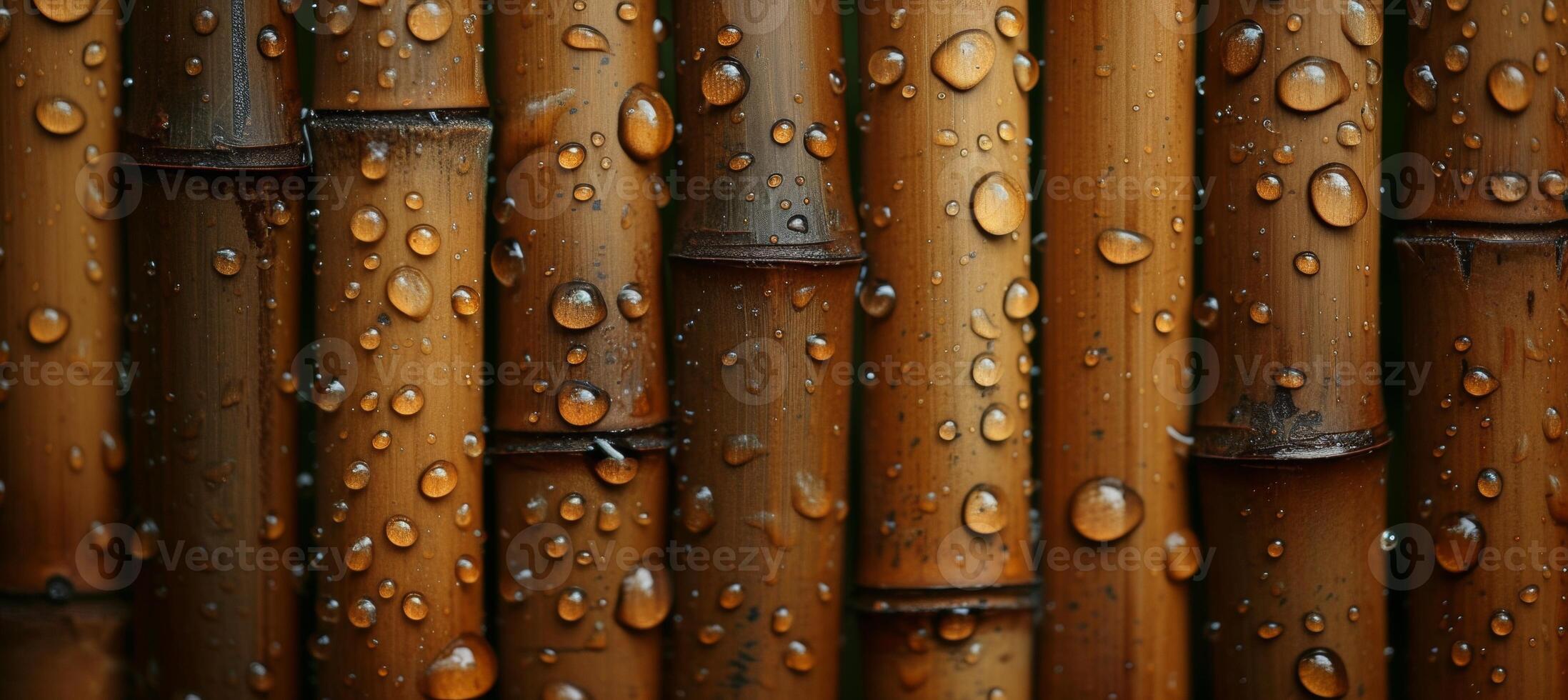 AI generated Close up bamboo background with water drops and dew for eco friendly or asian zen design concept photo