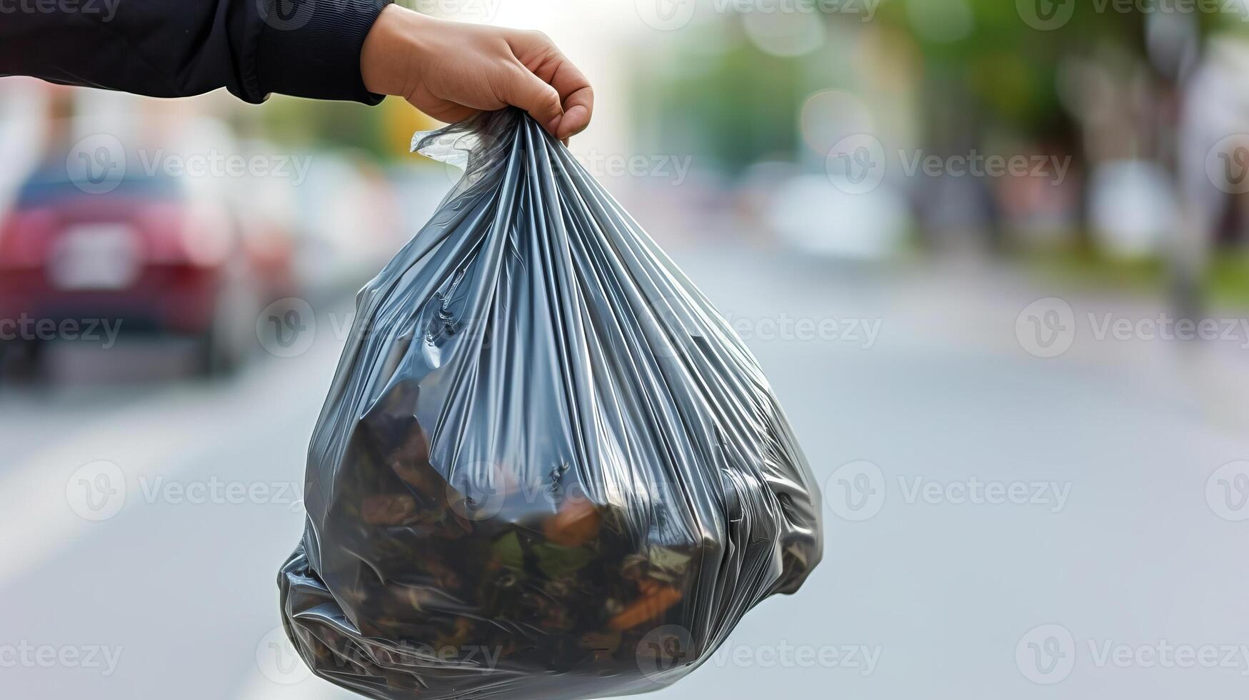AI generated Man removing filled garbage bag from kitchen trash can during daily chores on sunny day photo