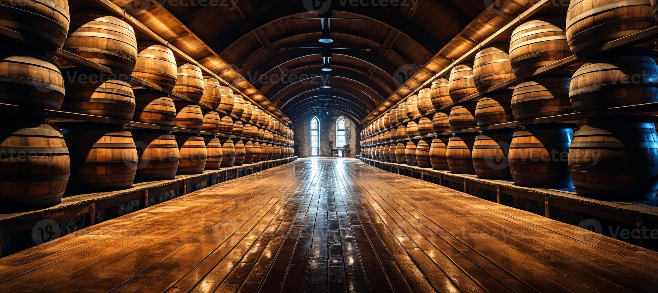 AI generated Whiskey, bourbon, and scotch barrels aging in distillery warehouse facility photo