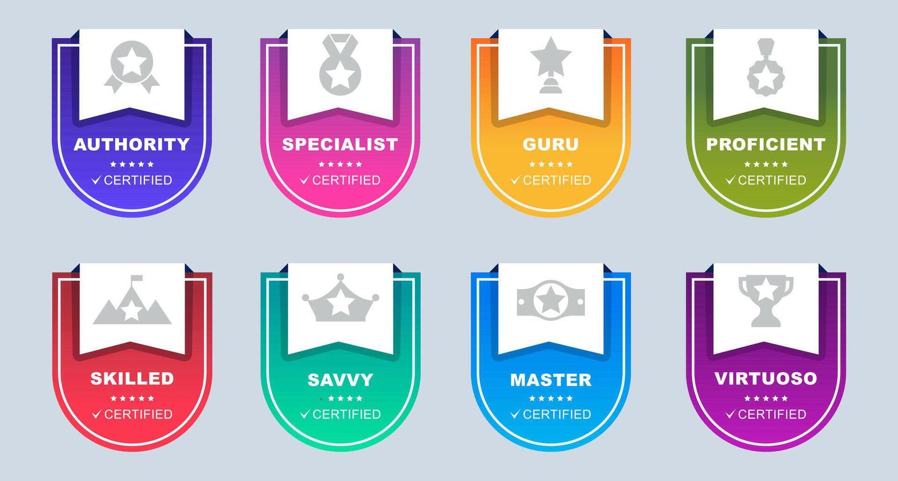 Shield icon set with icons for vocational training certificates and criteria based definitions, logo design vector