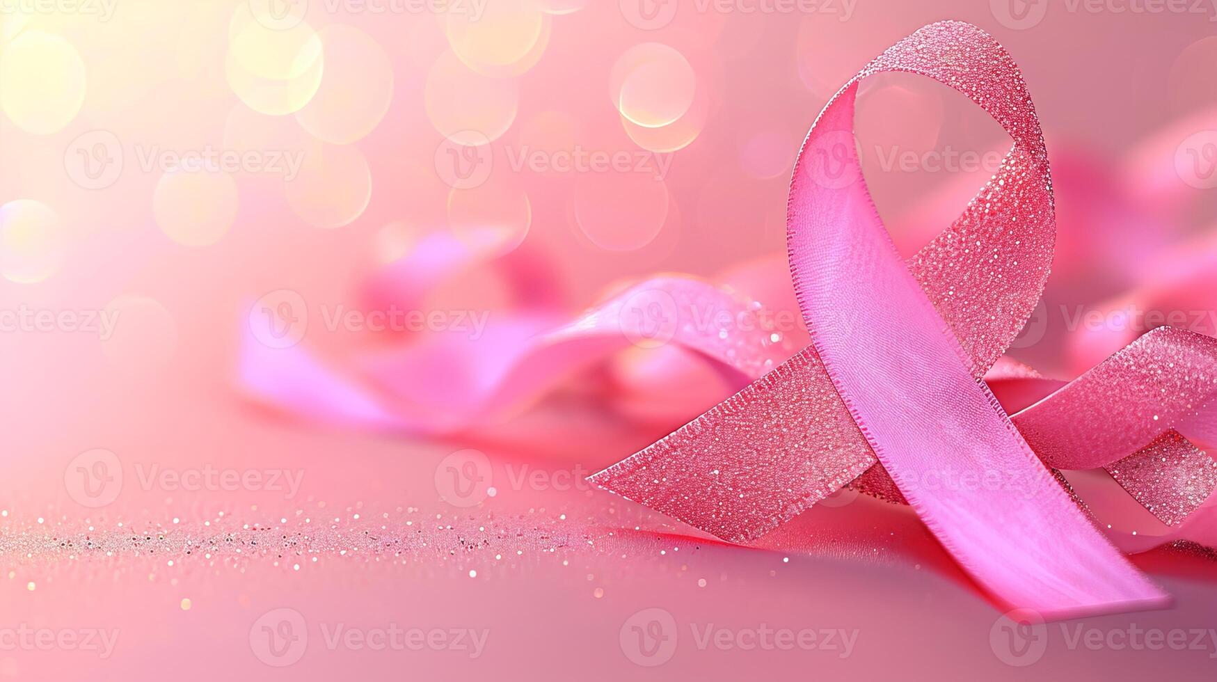 AI generated Breast cancer awareness symbol  pink ribbon on sparkling pink background with copy space photo