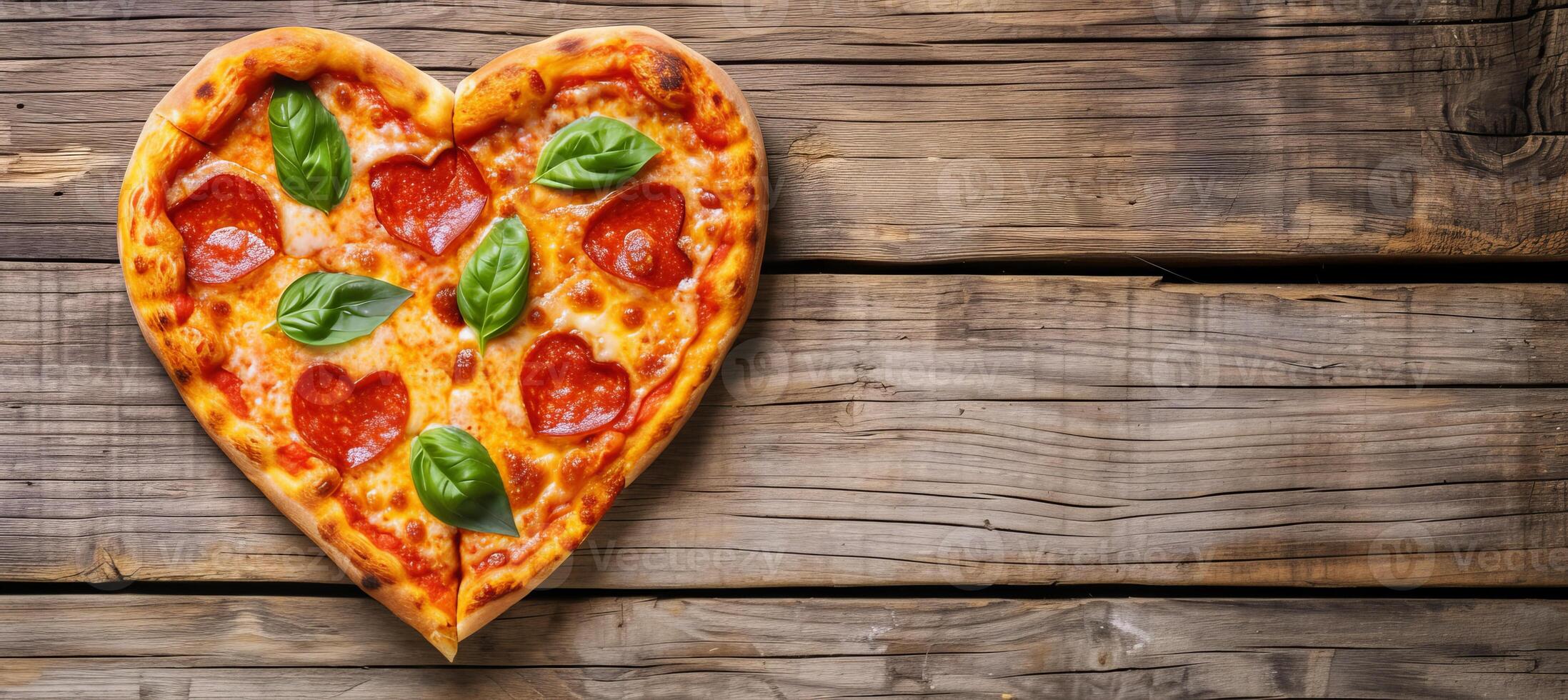 AI generated Heart shaped pizza for romantic dinner, top view with copy space, italian cuisine concept. photo