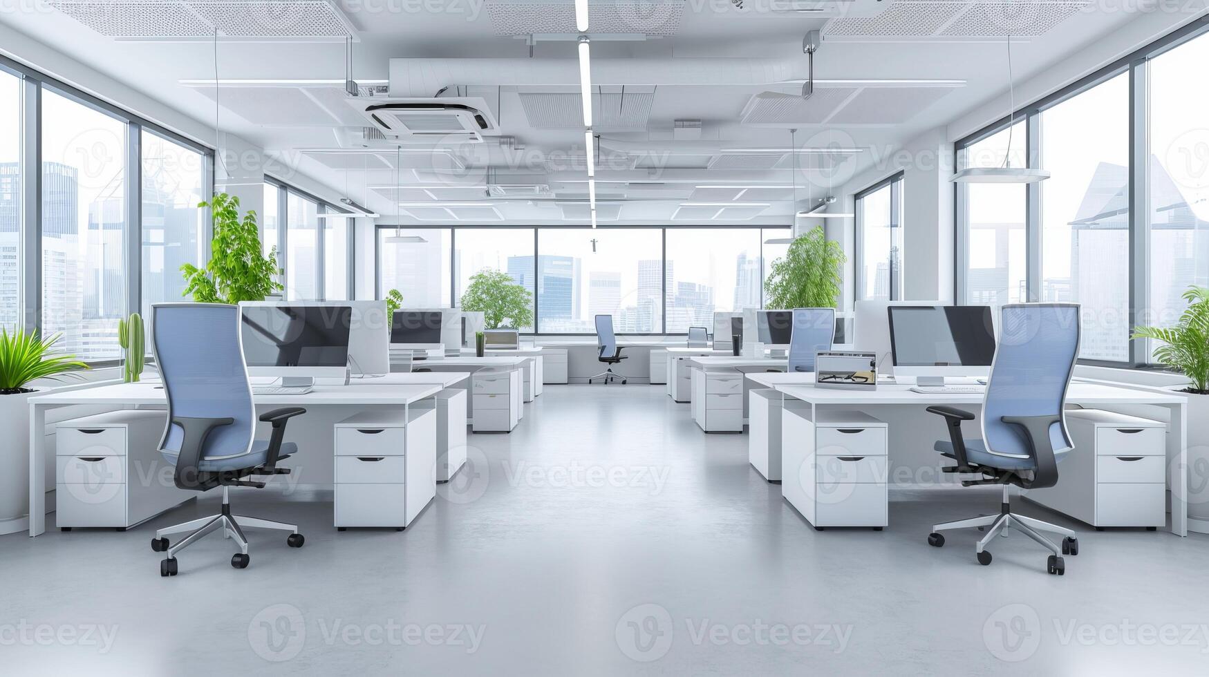 AI generated Blurred background of light modern office interior with floor to ceiling windows photo