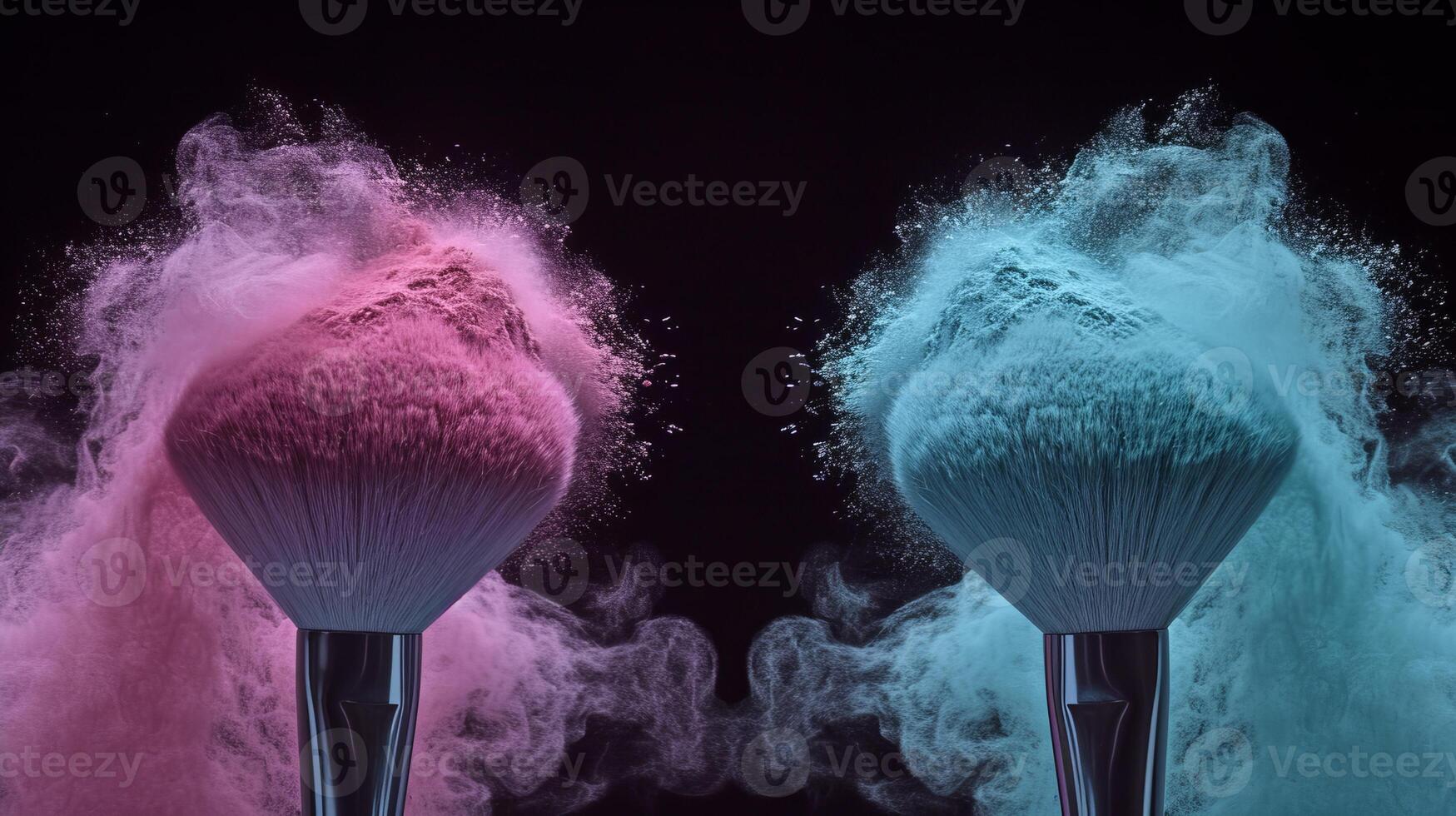 AI generated Vibrant makeup brushes with powder burst   colorful beauty splash, closeup of cosmetic product photo
