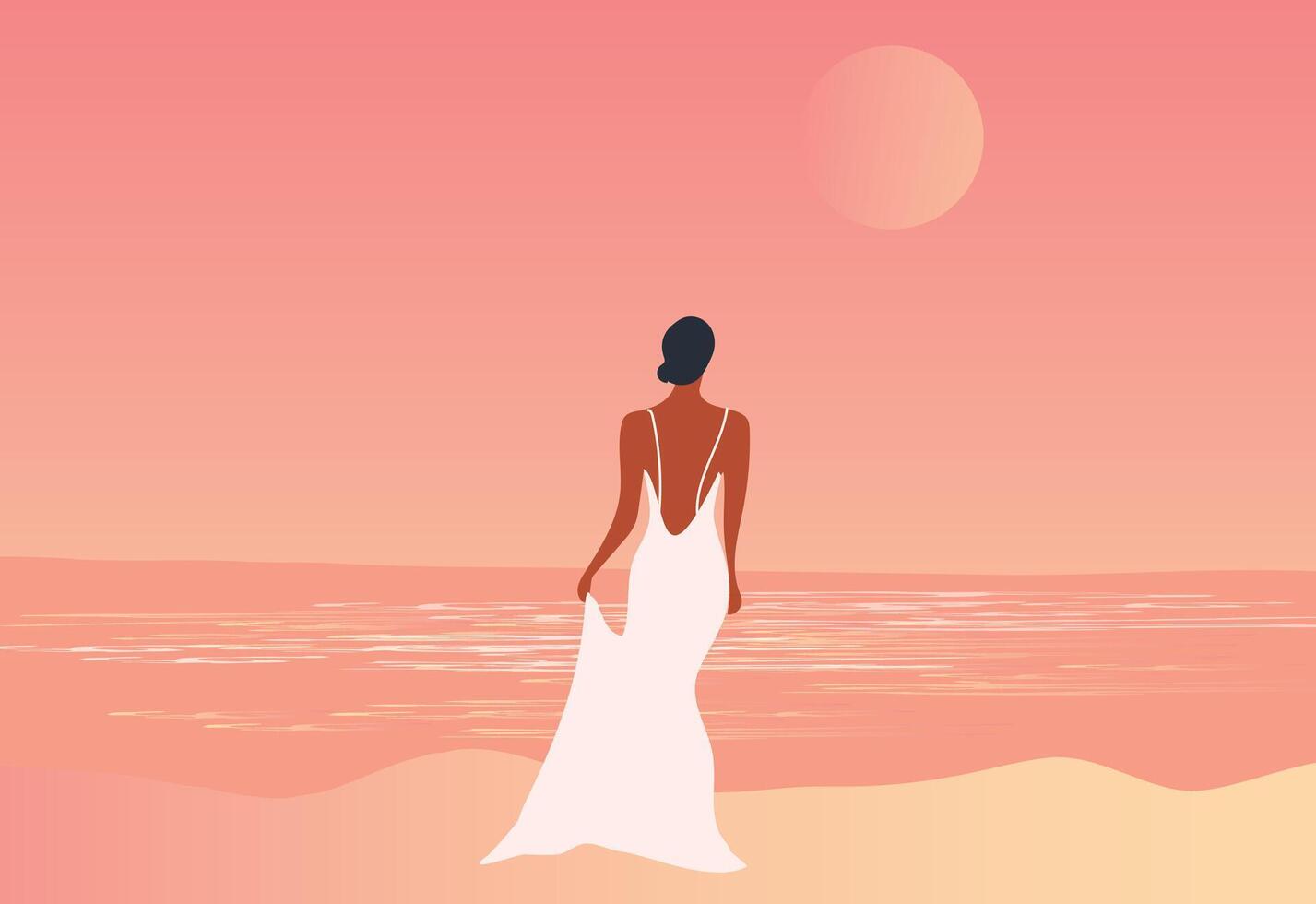 Beautiful woman in white dress on the beach vector illustration. Summer holidays beach concept