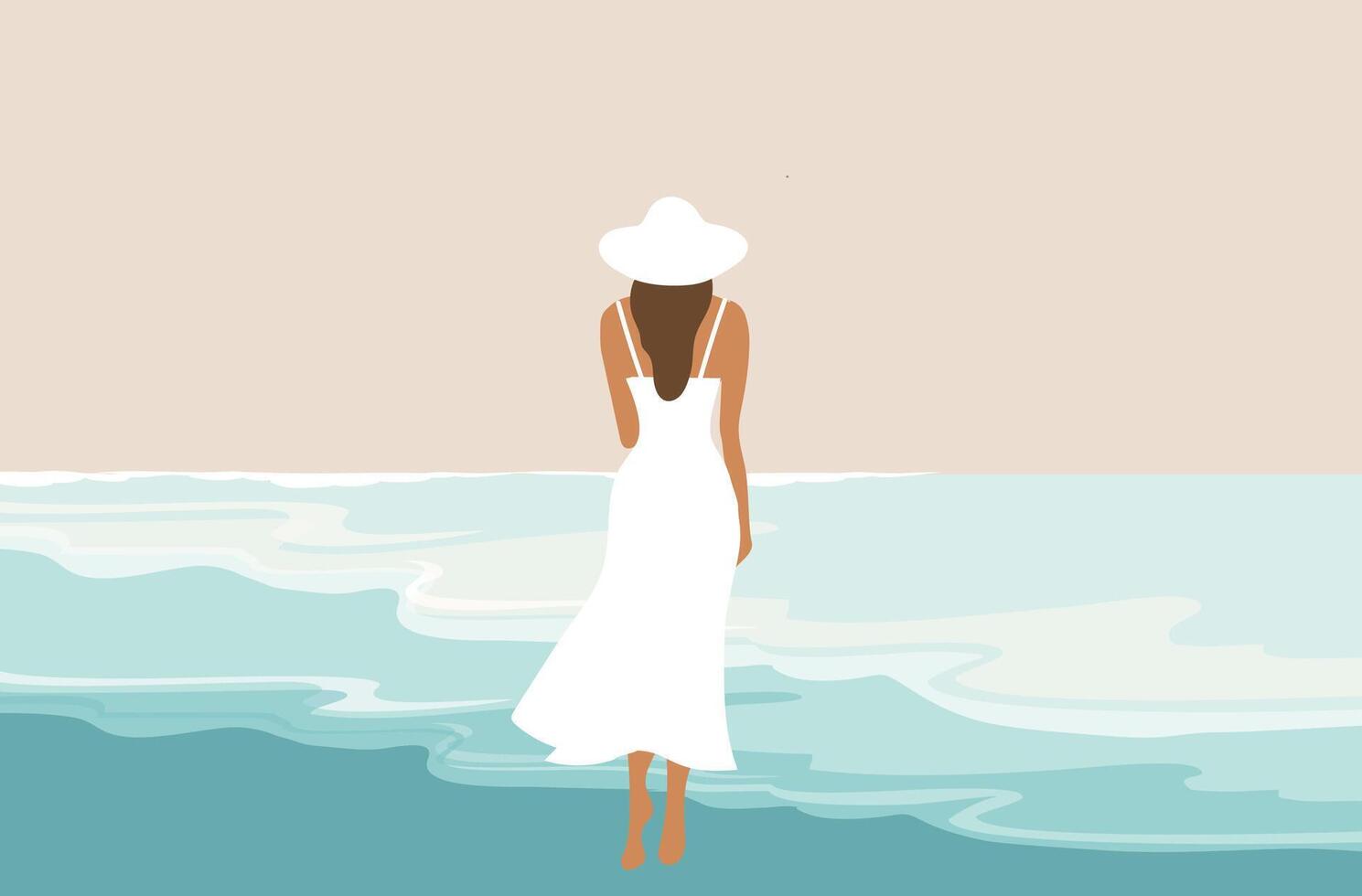 Beautiful woman in white dress on the beach vector illustration. Summer holidays beach concept