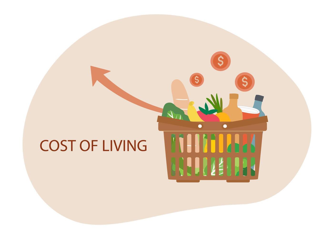 tienda de comestibles cesta con alto grafico. costo de viviendo, crecimiento de tienda de comestibles precio, económico inflación vector ilustración