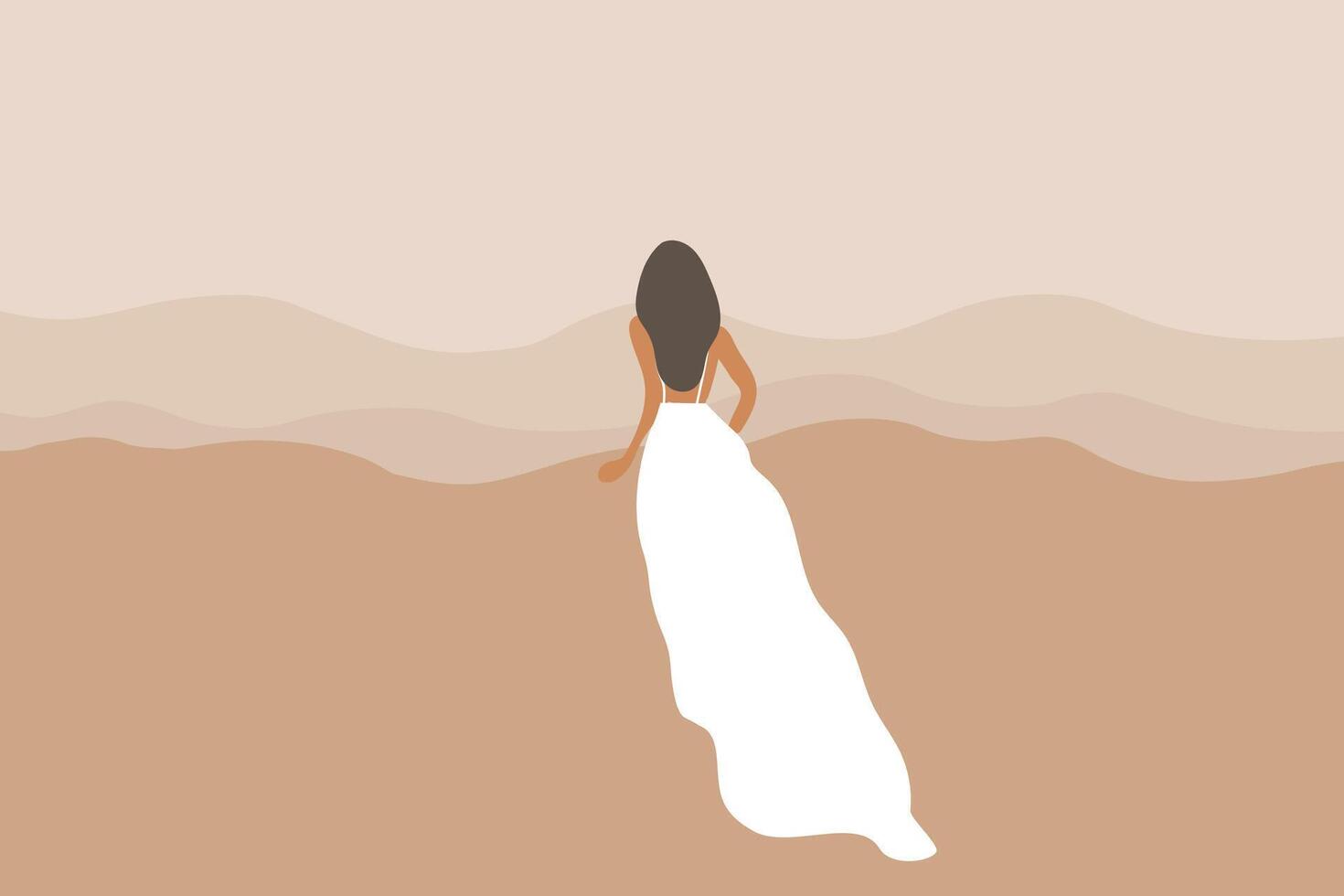 Beautiful woman in white dress on the beach vector illustration. Summer holidays beach concept