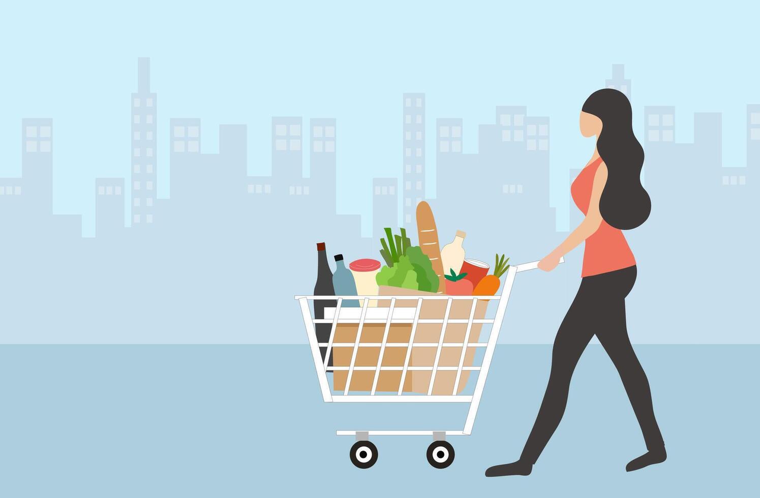 tienda de comestibles compras, mujer con compras carro desde supermercado vector ilustración