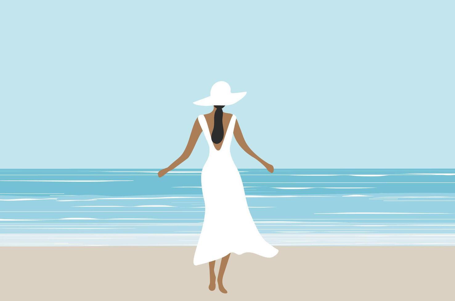 hermosa mujer en blanco vestir en el playa vector ilustración. verano Días festivos playa concepto