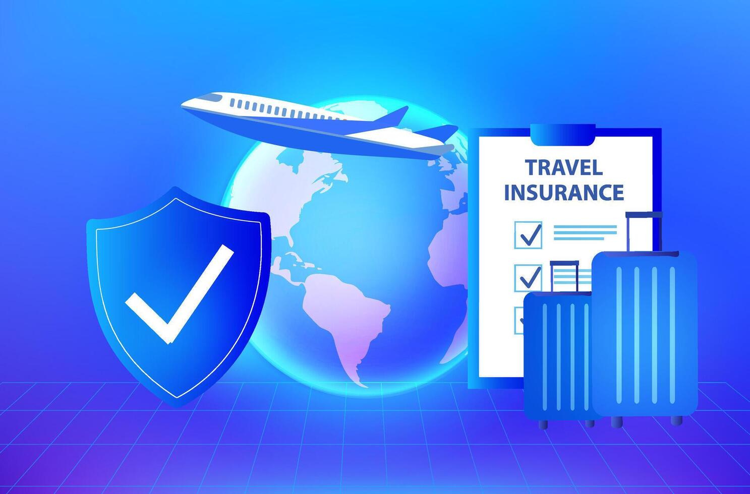 Travel insurance concept. Travel insurance policy with airplane, luggage and protection shield on smartphone vector illustration