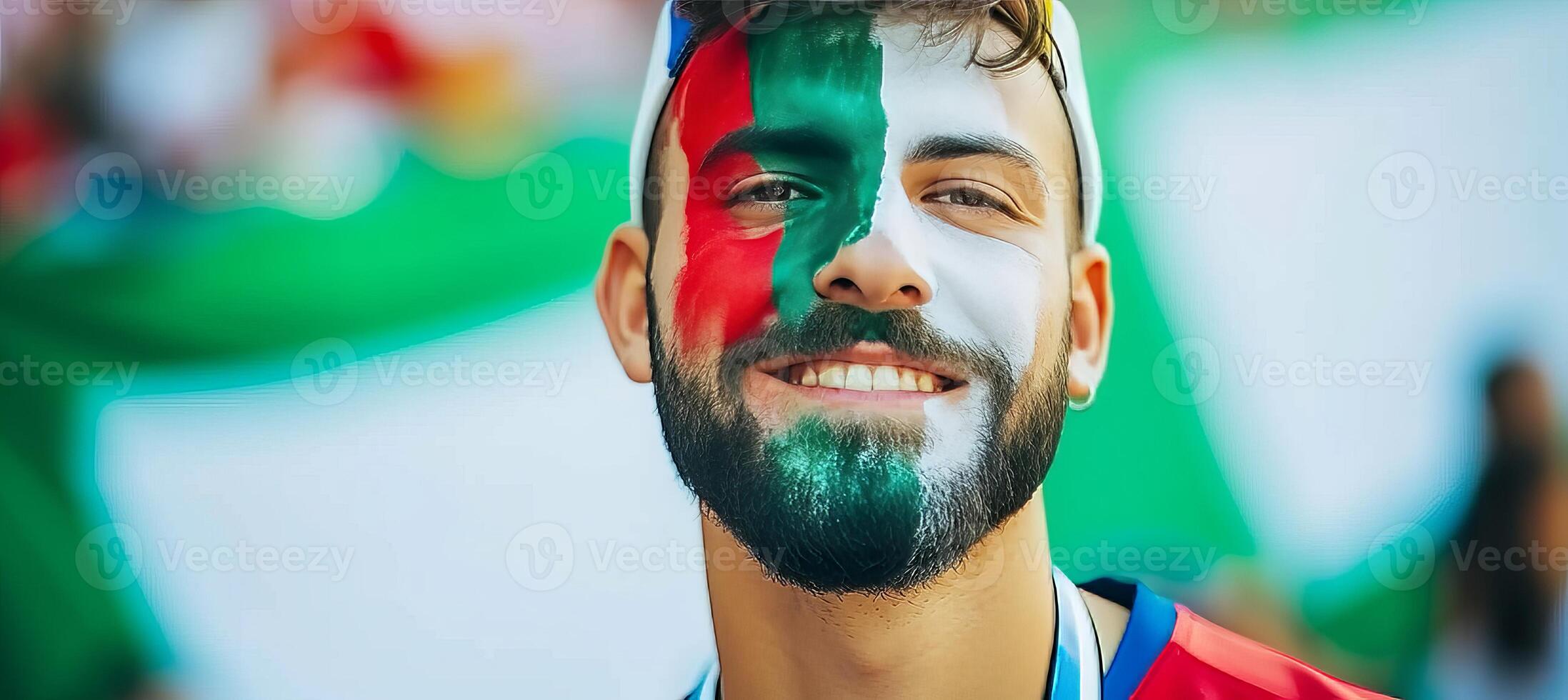 AI generated Enthusiastic italian fan with face painted in flag colors cheering at stadium event photo