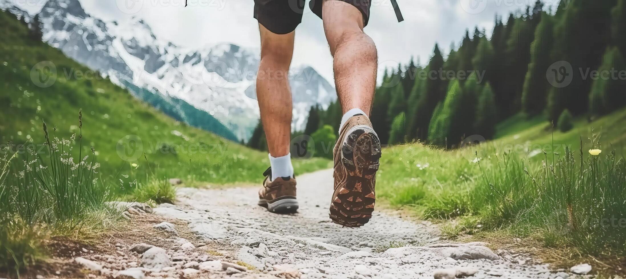 AI generated Active men s legs with sports shoes running along scenic mountain path with backpack photo