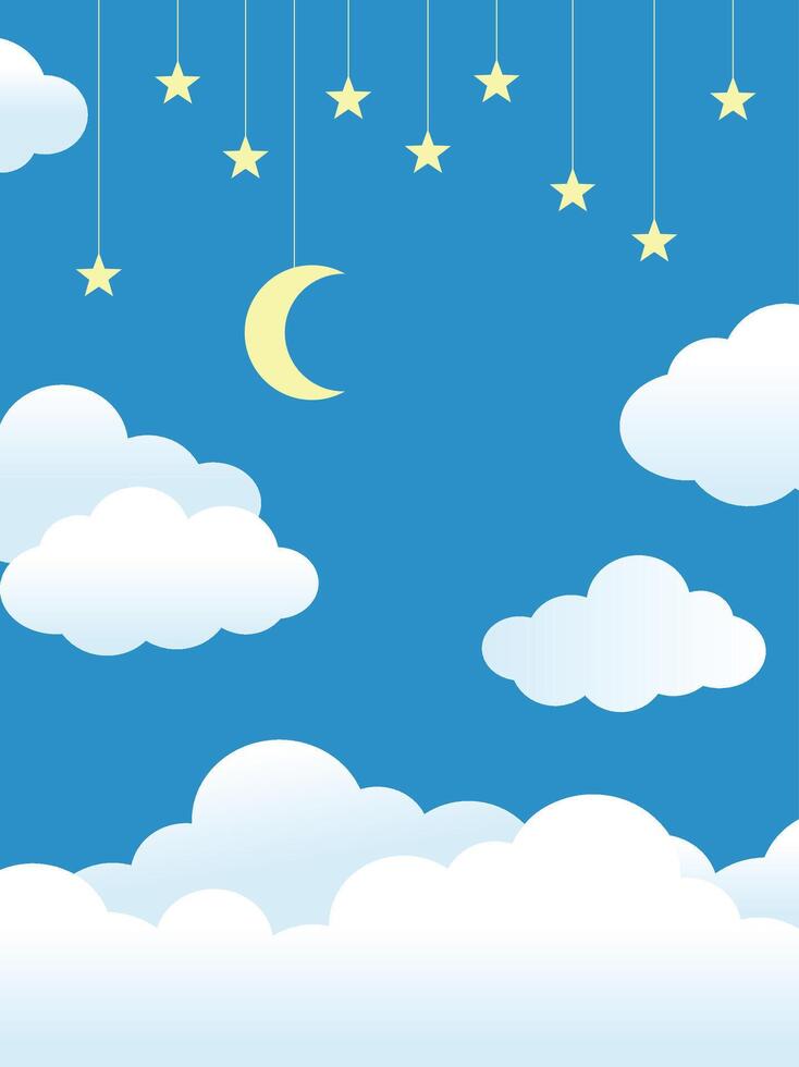 Night Sky Clouds Stars Moon on String. Blue background vector