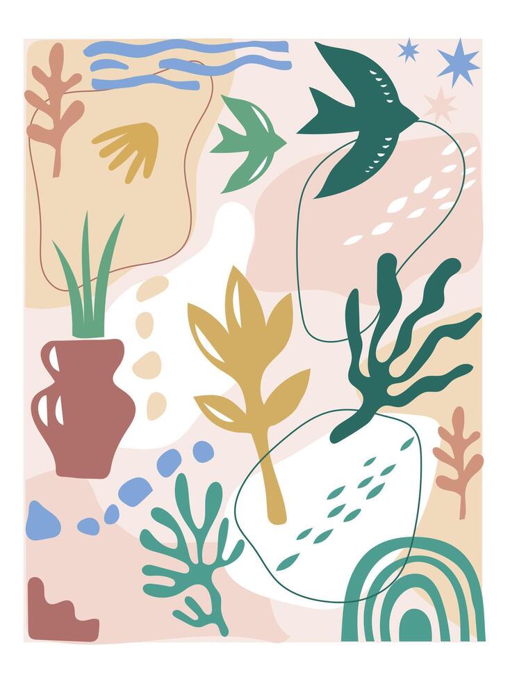 abstract organic shapes, Plants, bird, cactus, leaf, algae, vase vector