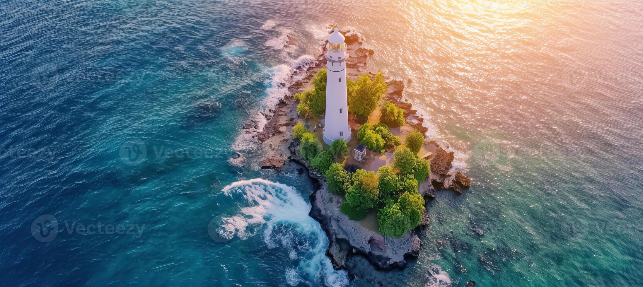 ai generado aéreo ver de solitario faro en isla golpear por Oceano olas a oscuridad en soleado dorado hora día foto