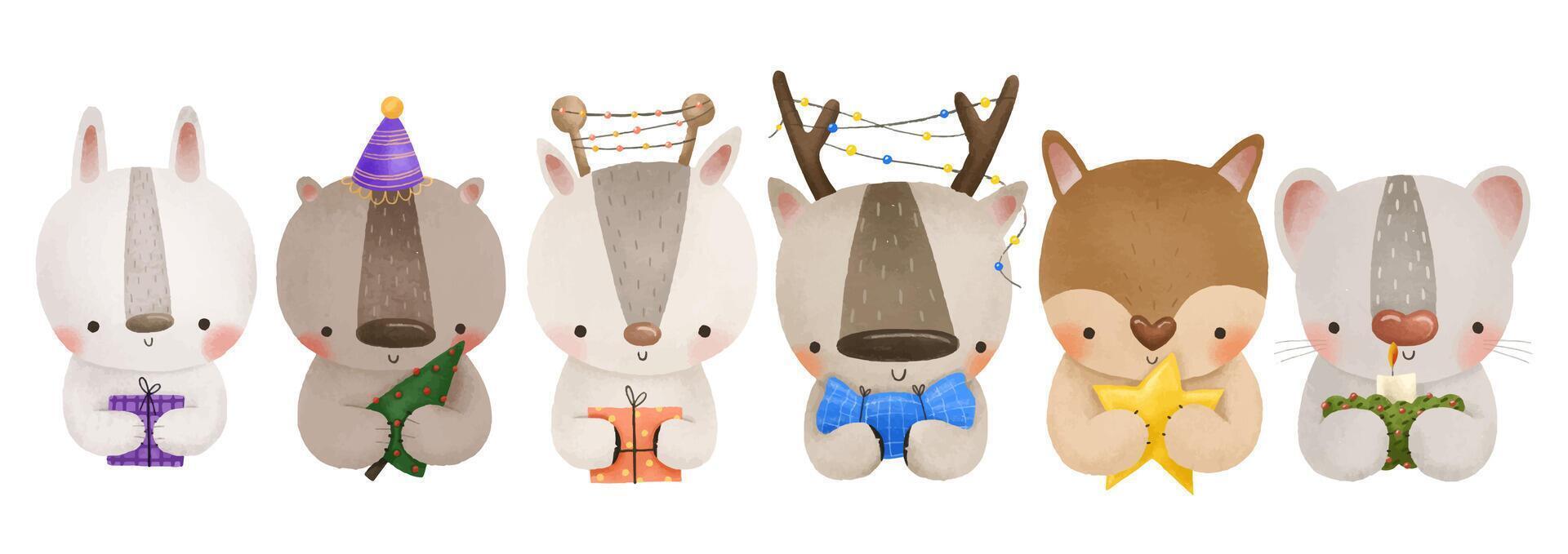 Baby animals. Cute Christmas woodland animals. Watrecolor characters vector