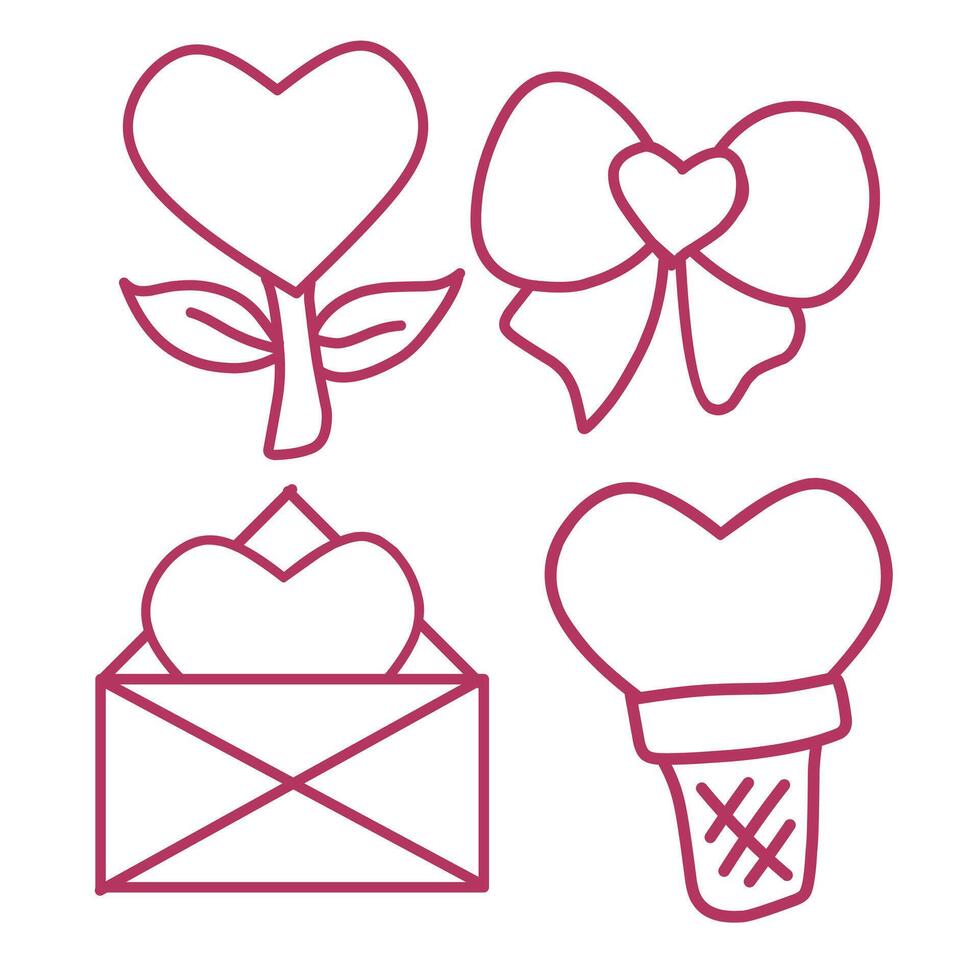 vector illustration of Valentine's Day stickers with hearts, ice cream and envelopes