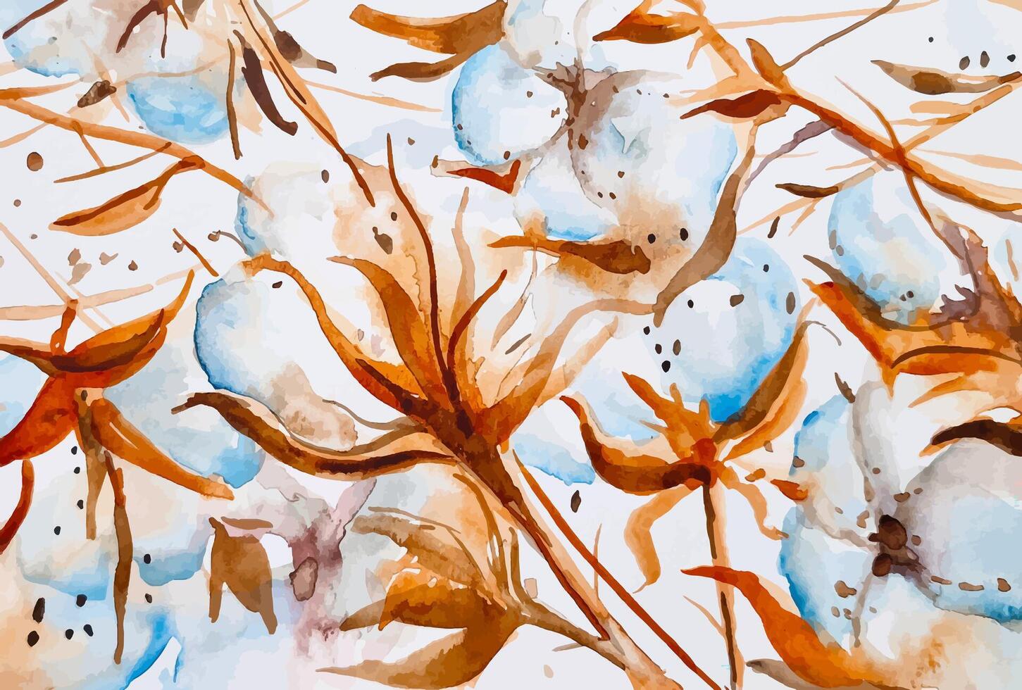 Boho style watercolor pattern floral sketch cotton flowers illustration hand drawn for background vector