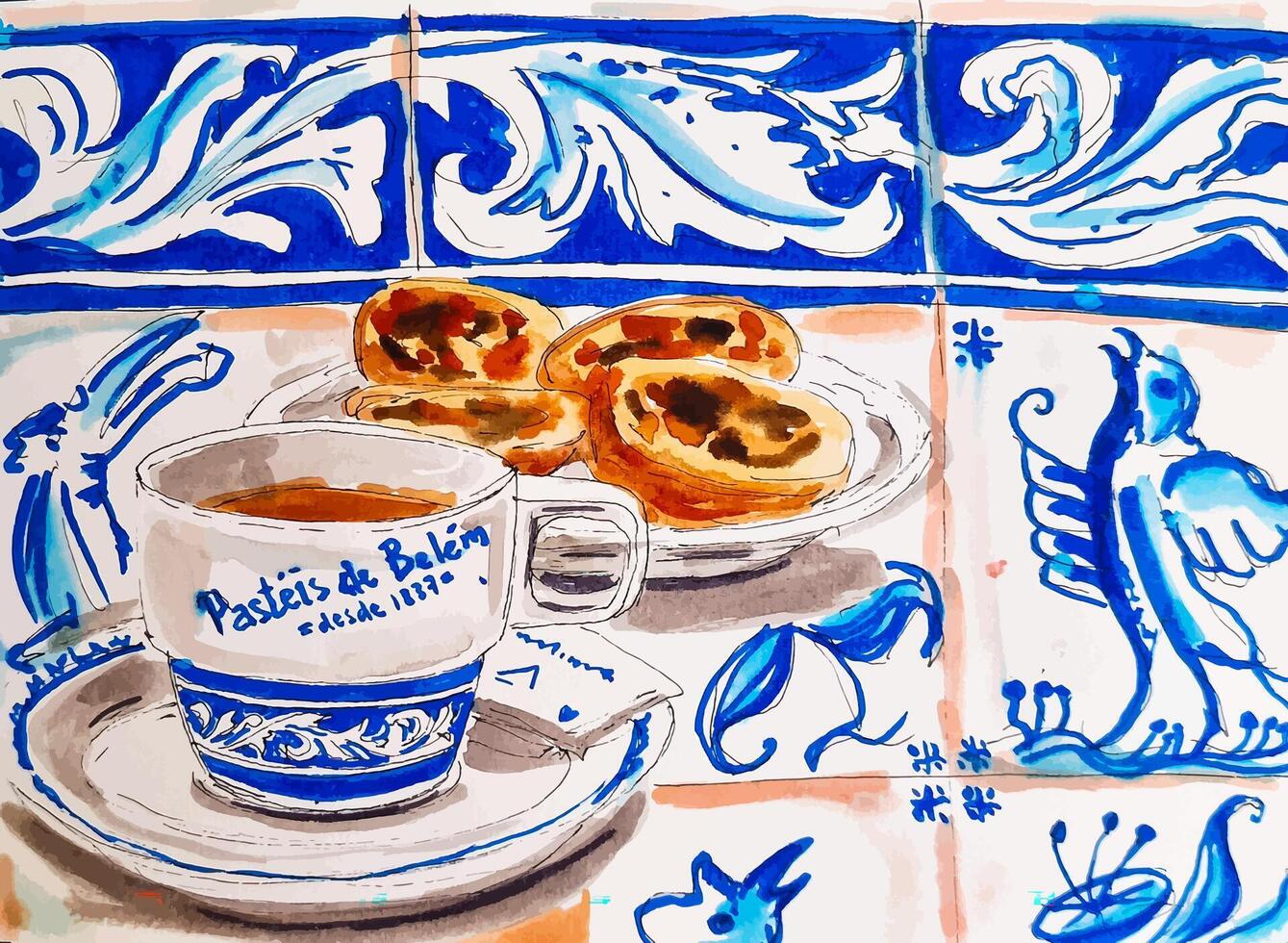 bosquejo a Portugal café pastel Delaware nata postres y café mano dibujado ilustración en bloc de dibujo vector