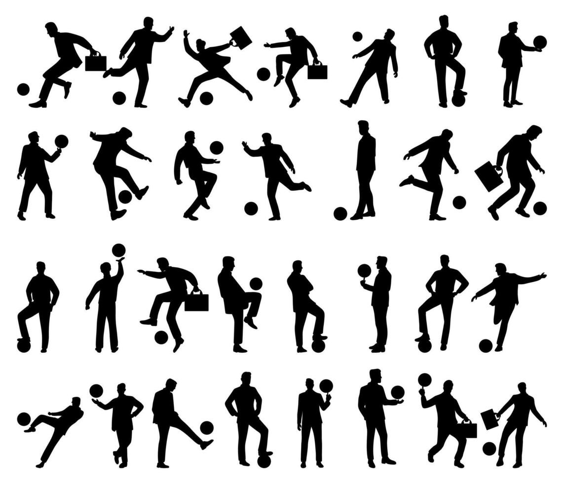 Collection of silhouettes of businessmen playing football vector