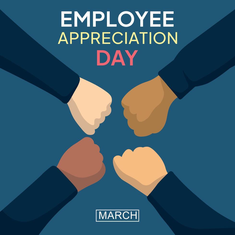 Employee appreciation day, illustration of four different hands meeting each other in unison vector