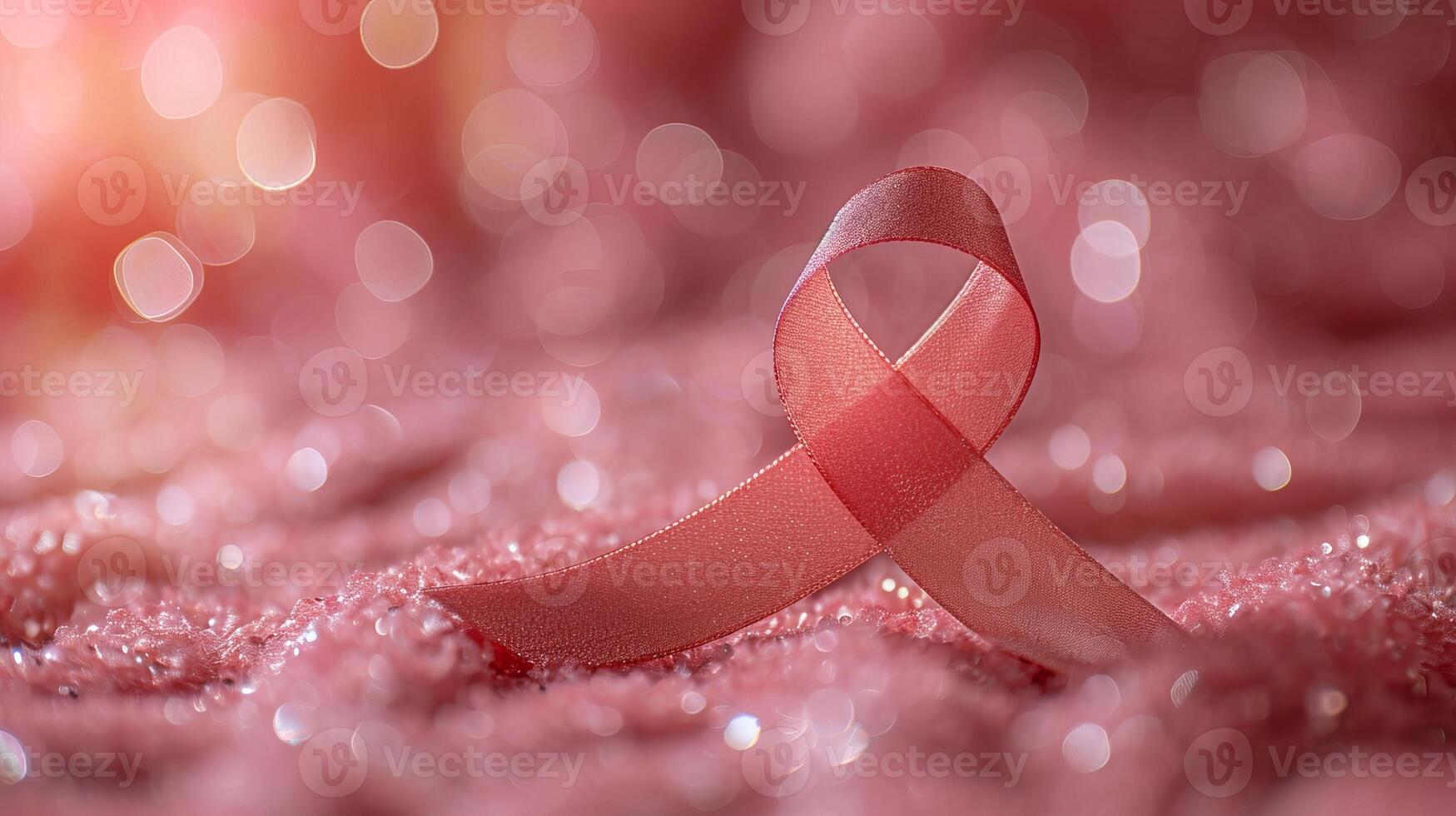 AI generated Breast cancer awareness pink ribbon symbol on blurred sparkling pink background with copy space photo