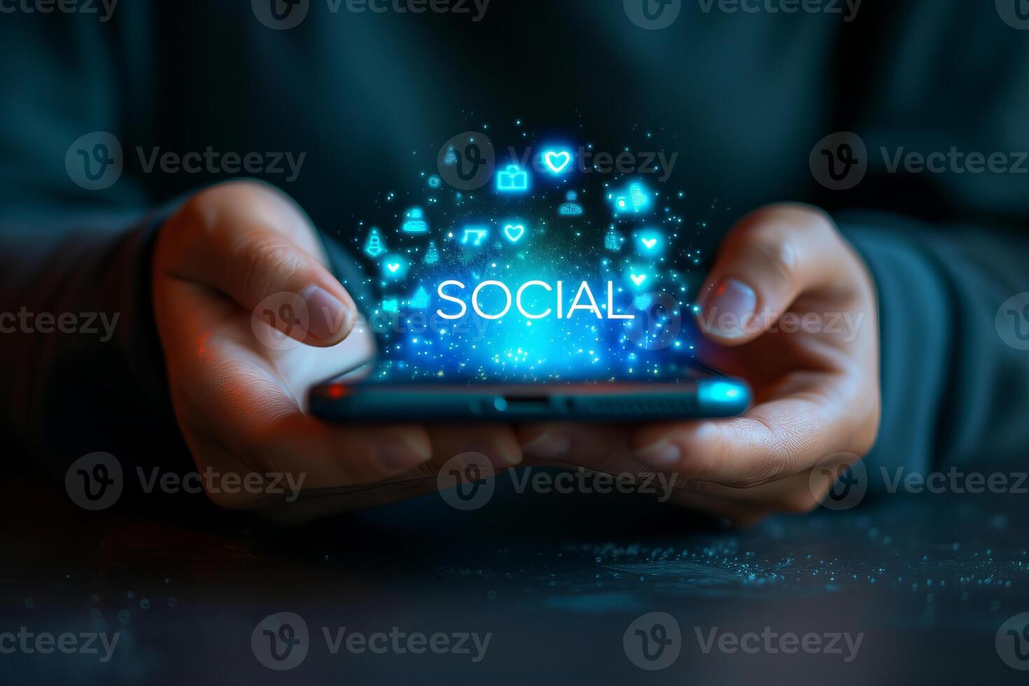 AI generated Interactive holographic social media text icon shining over mobile phone held in hands photo
