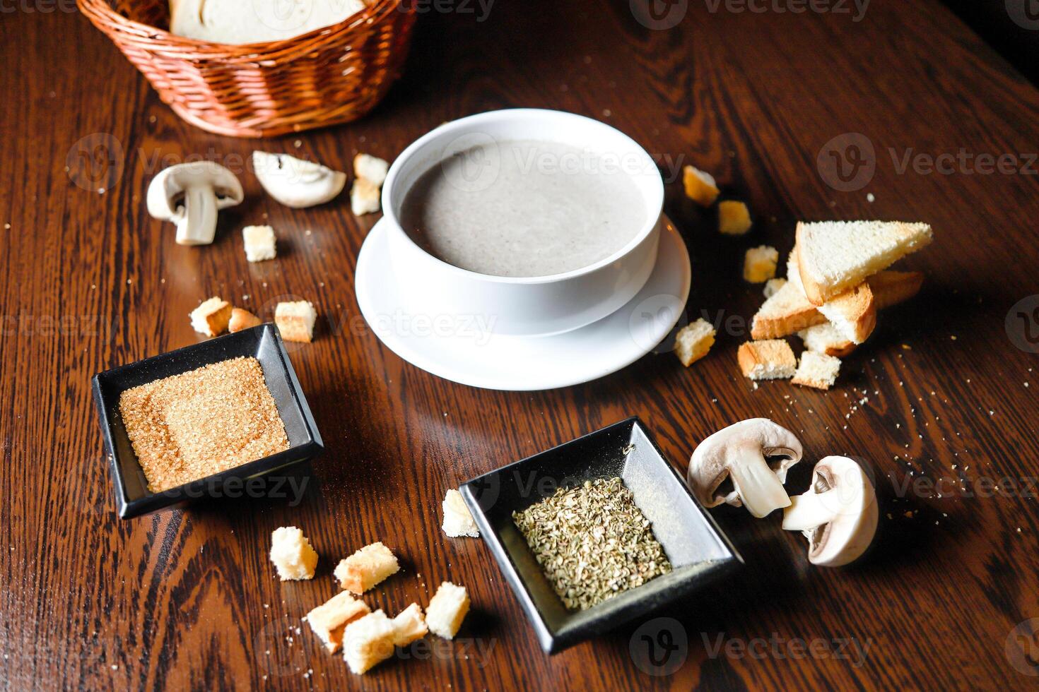 Various Types of Food Arranged on a Wooden Table photo