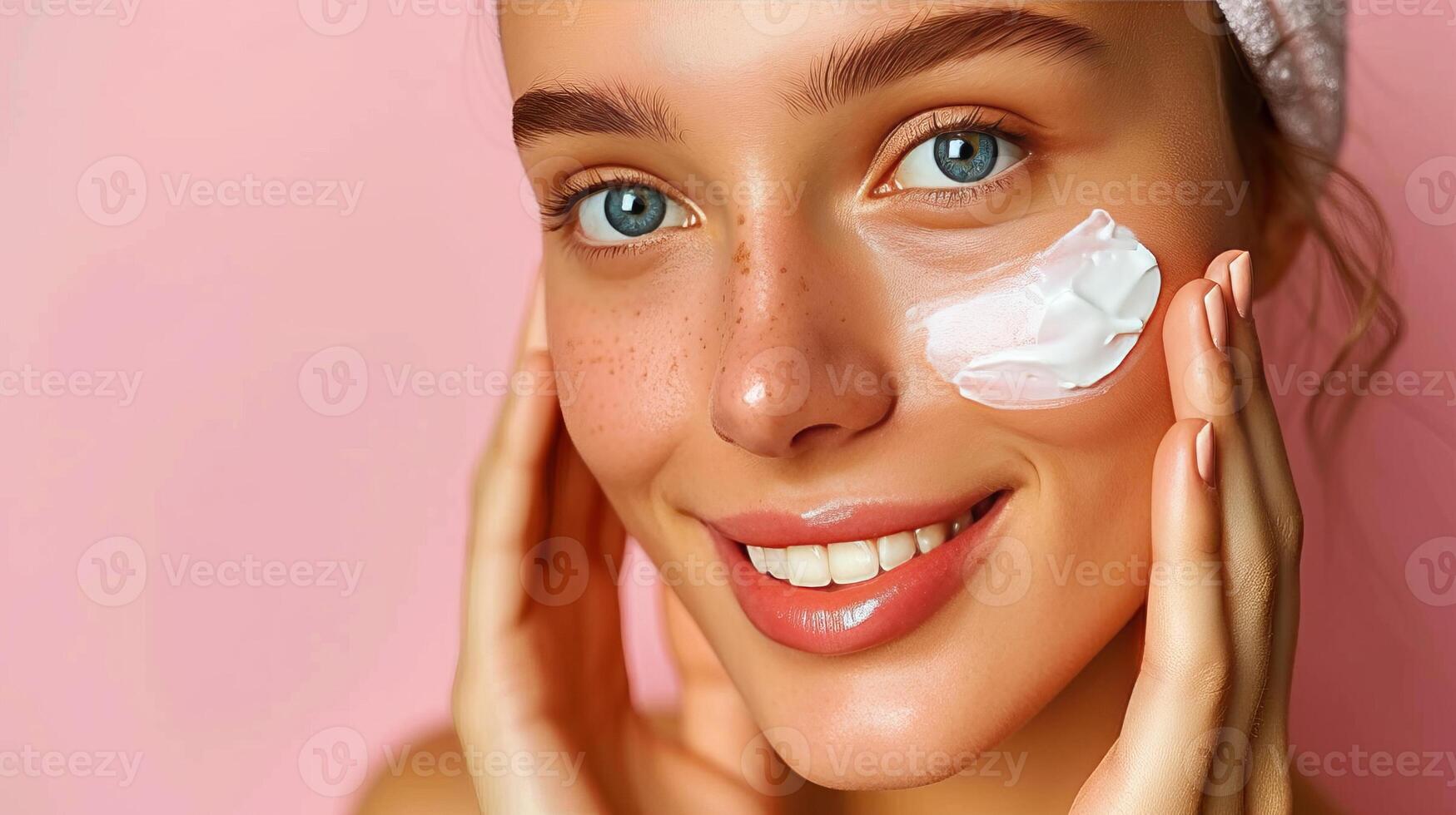AI generated Attractive woman applying moisturizing cream for skincare routine and cosmetic beauty procedure photo