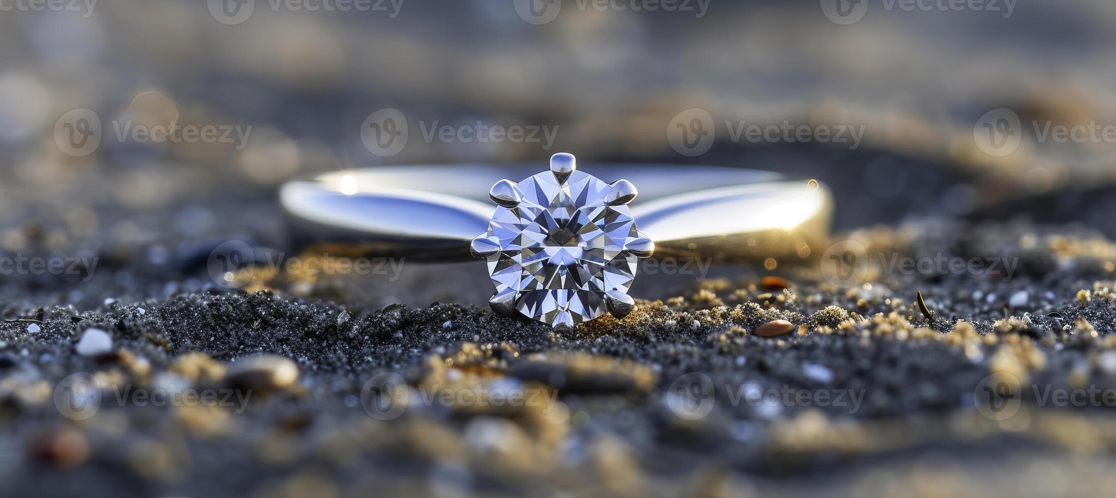 AI generated Solitary diamond ring on sandy beach   engagement ring alone on the shorepanorama with copy space. photo