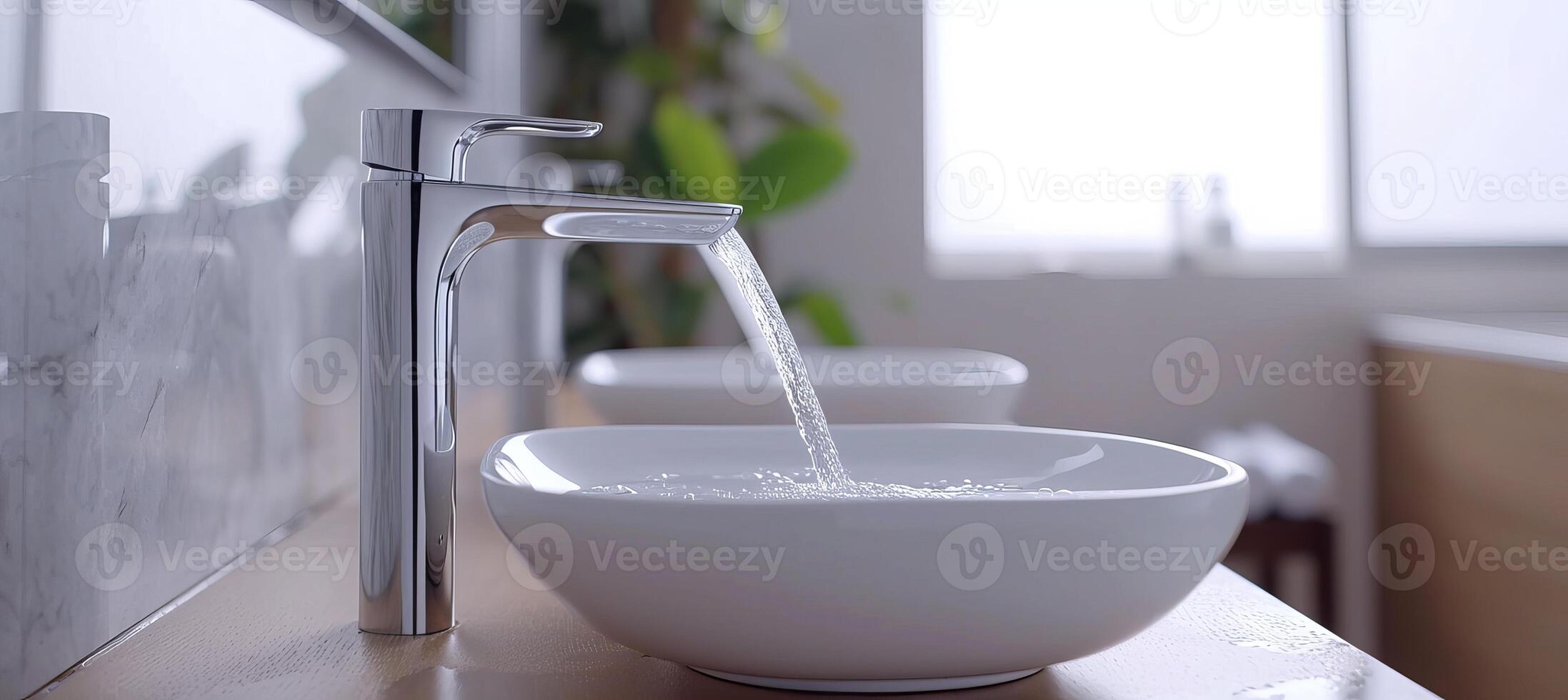 AI generated Modern minimalist bathroom with white square vessel sink and chrome faucet running water photo